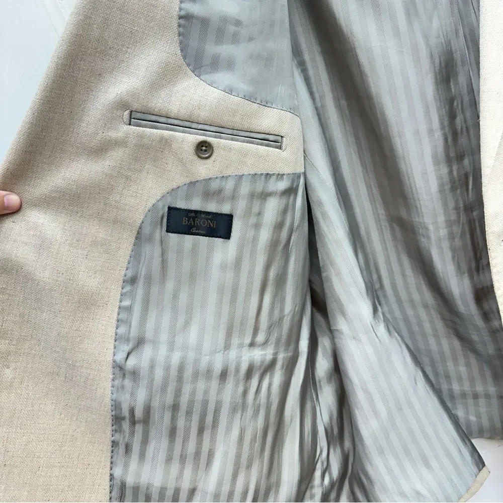 Baroni wool silk blend cream tan suit coat blazer jacket men's 52R Piattelli‎